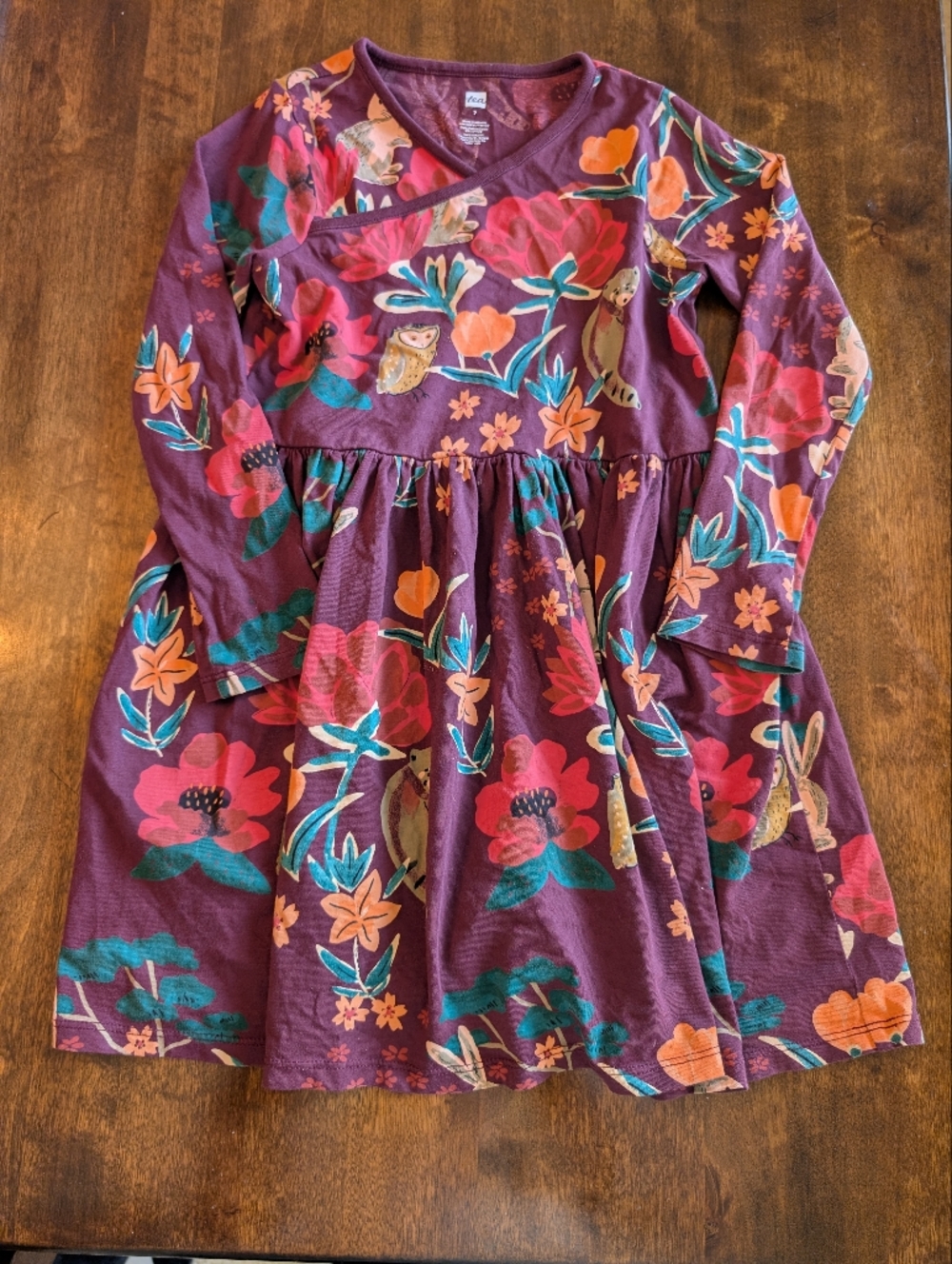 Tea Collection Plum Floral Long-Sleeve Girls' Dress/ Woodland Scene// Size 7